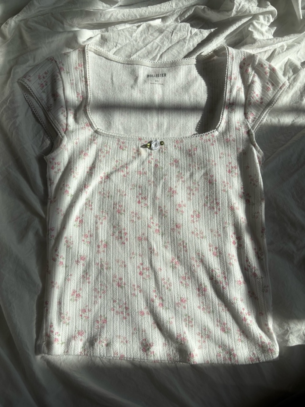 Hollister Cream Ribbed Scoop Tee with Pink Floral Trim